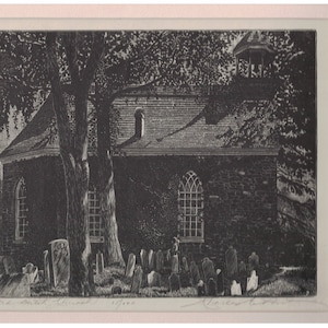 May include: A black and white etching of a stone church with a bell tower. The church is surrounded by a graveyard with many headstones. The etching is titled "Old South Church 1730" and signed "Charles H. Davis".