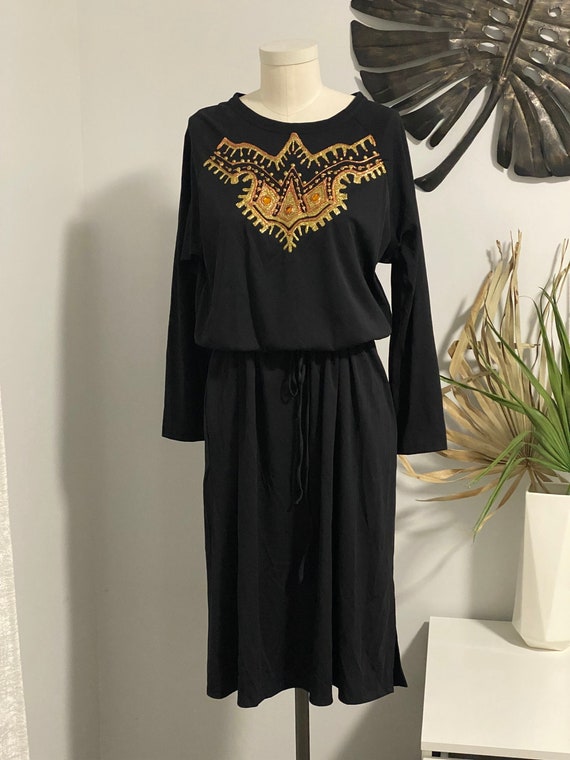 Vintage 80’s Sears Black Poly Midi Dress