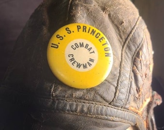 U.S.S Princeton WW2 Aviator Leather Cap/ Helmet with Original Pin, Combat Crewman Airforce Aircraft Carrier Navy