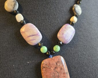 Vintage Purple Pendant Necklace, Unique Chunky Beads Jewelry with Ribbon