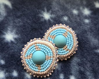Matte Cheyenne Pink and Baby Blue Indigenous Beaded Stud Earrings