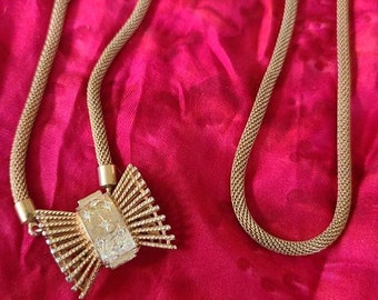 Vintage Jewelry Necklace Gold Plated Christmas Bow Abstract Art Deco Style