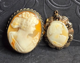 RARE Vintage Cameo Pendant and Brooch COMBO SET, Victorian Bridgerton Regency style, carved shell