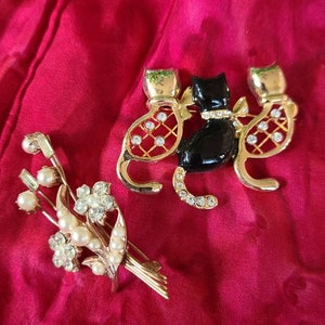 2 Vintage Jewelry Brooches Cats/Kitties/Kittens and Floral Boutonnière