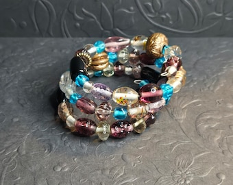Y2K Vintage Pink, Blue, Black, Purple and Brass Spiral Big Bead Bracelet
