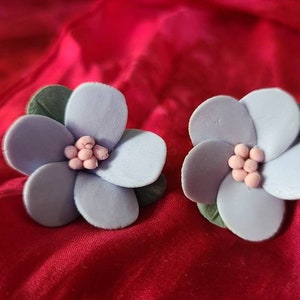 Vintage Clay Floral Flowers Stud Earrings Periwinkle Blue Pink and Green