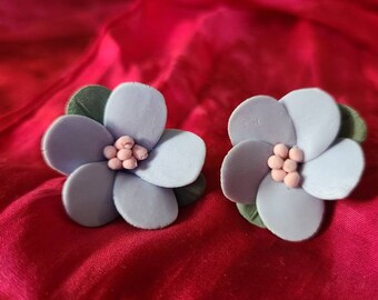 Vintage Clay Floral Flowers Stud Earrings Periwinkle Blue Pink and Green