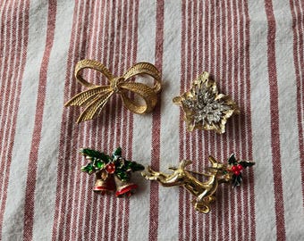 Lot of 4 Vintage Christmas Brooches! Reindeer, Bells, Snowflake, and Bow. Gold Plated!