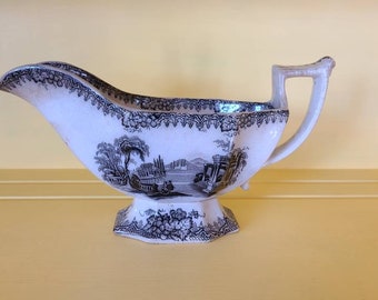 Antique Transferware Gravy Boat Black Transferware Vintage China 1850s 19th century