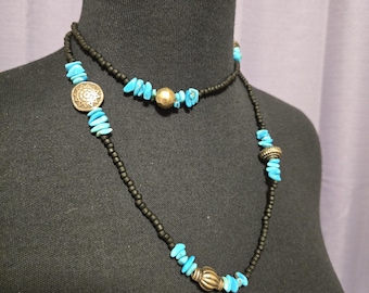 Extra Long Black, Silver and Turquoise Beaded Southwestern Style Necklace
