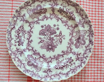 Rare Coral Border Stoneware Purple Plate Floral circa 1850s Collectible Antique Plate