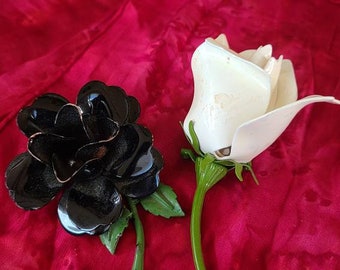 2 Vintage Jewelry Brooches Realistic Roses Black and White Boutonnière