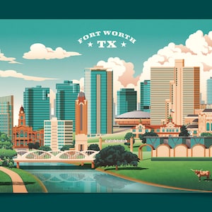 Puede incluir: Una ilustración colorida del horizonte de Fort Worth, Texas, con un río, un puente y un toro longhorn en primer plano. El texto "FORT WORTH TX" está en la parte superior de la imagen.