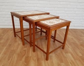Nesting table, danish design, hand-painted ceramic tiles, teak wood