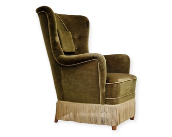 1960s, Danish vintage highback armchair in green velvet, original condition.