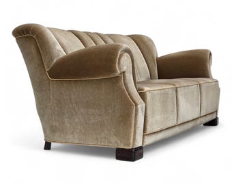 1960s, Danish 3-seater sofa, green furniture velour, oak wood legs.