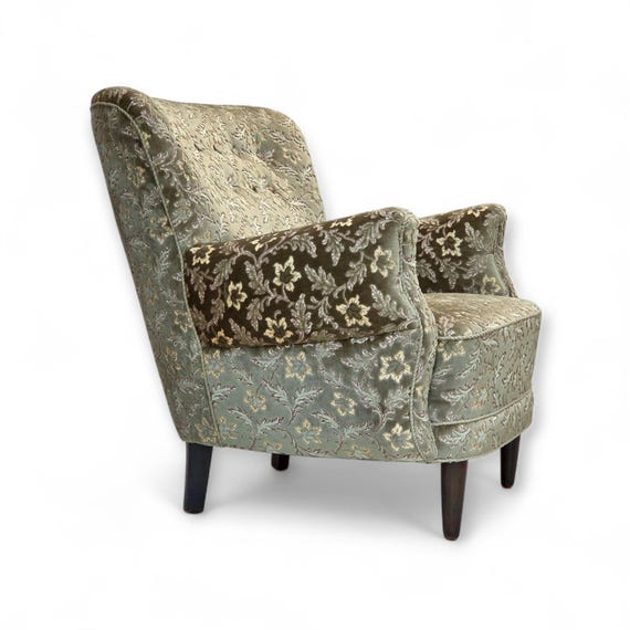 1960s, Danish Armchair, Light Green Furniture Velour, Teak Wood