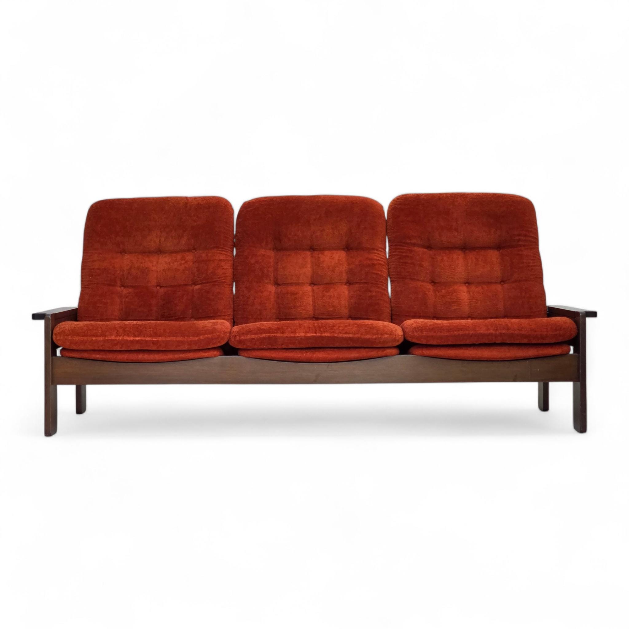 1970s, 3-seater Danish Sofa, Orange/red Furniture Velour, Oak Wood