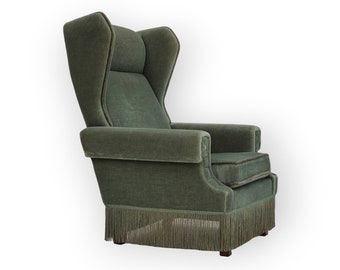 Jaren 70, Deense vleugelfauteuil, originele staat, meubelvelours, beukenhout.