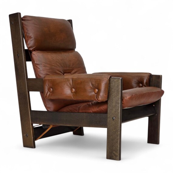 1970s, Scandinavian Armchair, Furniture Leather, Canvas, Oak Wood