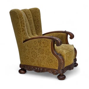 Jaren 60, Deense fauteuil met hoge rugleuning, meubelwol, massief eikenhout.