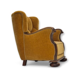 1960s, Danish relax armchair, yellow-honning furniture velour, oak wood, original.
