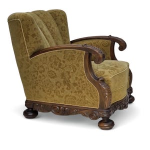 Jaren 60, Deense fauteuil, meubelwol, massief eikenhout.