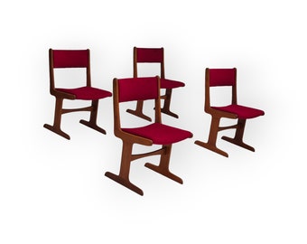 1970s, set of 4 reupholstered Danish chairs, teak wood, cherry-red furniture velour.