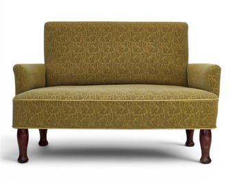 Lata 50., duńska sofa dwuosobowa, zielona wełniana tkanina meblowa.
