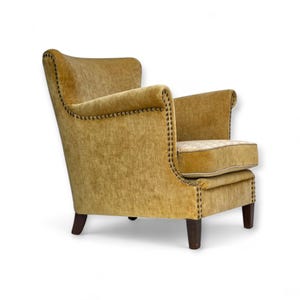 Jaren 60, Deense fauteuil, honinggeel meubelvelours, originele staat.