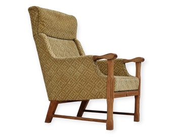 Années 1960, design danois, fauteuil à dossier haut, tissu d'ameublement, bois de chêne.