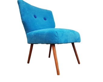 Vintage-Sessel, 70er Jahre, blauer Stoff, Buchenholz