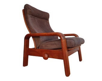 Danish adjustable lounge chair, HS Design, nubuck leather, solid teak wood, 80s