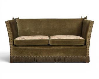 1970s, Danish 2-seater "Spanish" drop arm sofa, furniture velour.
