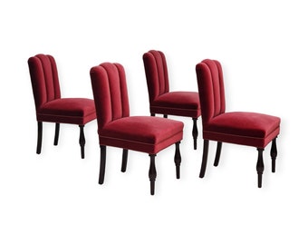 1950s, Danish design, set of 4 dinning chairs, oak wood, cherry-red velour.