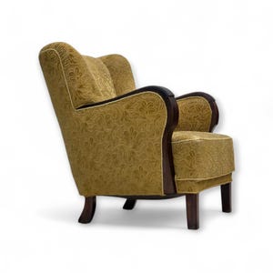 Jaren 60, Deens design, fauteuil, originele staat, meubelstof, donker beukenhout.