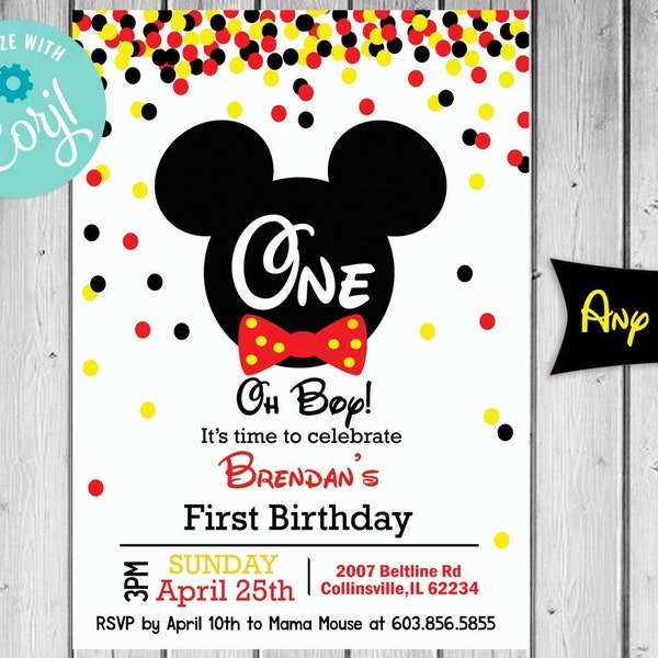 Mouse Confetti Invite Boy Birthday Invite Mouse Birthday Invite First birthday invite Mouse invite Birthday invites Printable