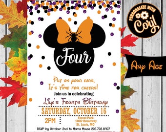May include: A Halloween-themed birthday invitation featuring a black Mickey Mouse silhouette with an orange bow and spider. The invitation reads "Four" and includes event details like the date, time, and location. The design incorporates orange, black, and purple confetti.