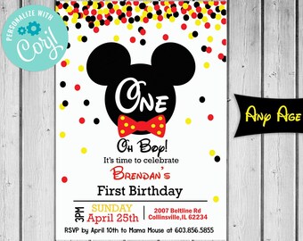 Mickey Inspired Birthday Invitation | Editable Mouse Party Invite | Red & Black Confetti Boy Birthday | Instant Download PDF