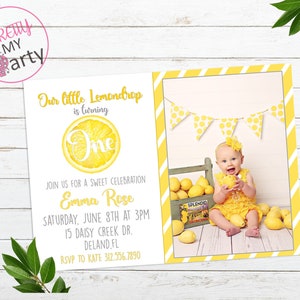 Editable Lemon Birthday invitation Girl First birthday invite Printable photo invite Sweet one Birthday Baby girl invite 1st Brithday invite