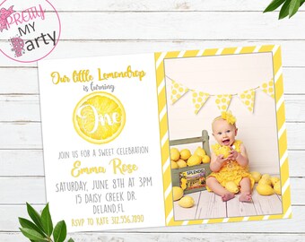 Editable Lemon Birthday invitation Girl First birthday invite Printable photo invite Sweet one Birthday Baby girl invite 1st Brithday invite