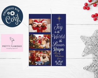 May include: A Christmas card with family photos and the text "Joy to the World the Savior Reigns." The card has a navy blue background and includes the text "Merry Christmas from, the Smith Family."