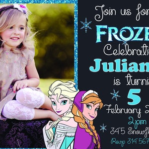 May include: A Frozen-themed birthday invitation featuring a photo of a young girl and illustrations of Elsa and Anna. The invitation text reads "Join us for a Frozen Celebration, Julianna is turning 5, February 20th, 2pm."