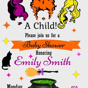 May include: Halloween-themed baby shower invitation with the text "I Smell... A Child!" and illustrations of witch hairstyles. Includes details for a baby shower honoring Emily Smith on October 31st at 2 PM in Salem, Mass.