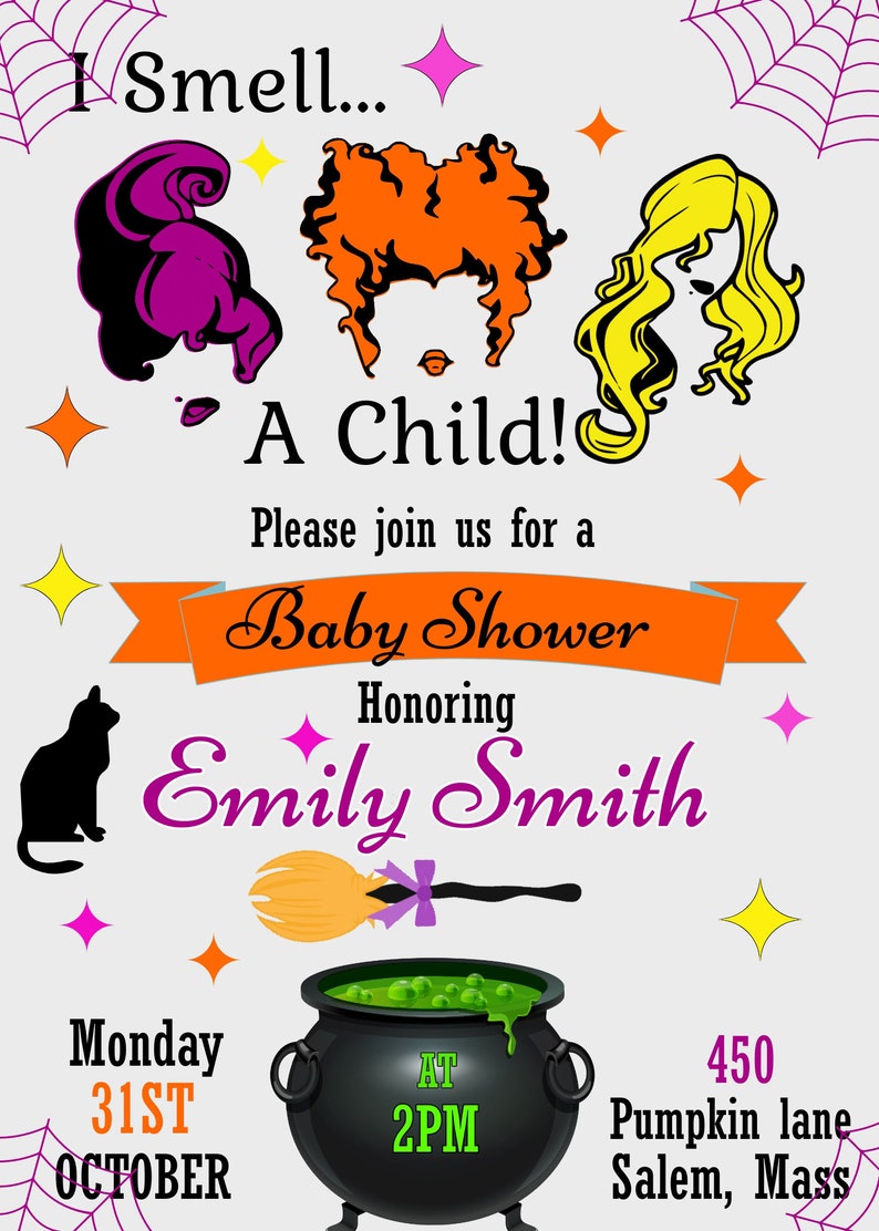 May include: Halloween-themed baby shower invitation with the text "I Smell... A Child!" and illustrations of witch hairstyles. Includes details for a baby shower honoring Emily Smith on October 31st at 2 PM in Salem, Mass.