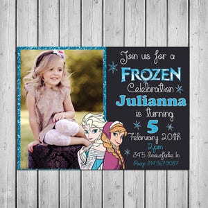 May include: A custom invitation for a Frozen-themed birthday celebration. The design features a photo of a young girl, the text "FROZEN Celebration Julianna is turning 5", and illustrations of Elsa and Anna. The invitation is framed with a teal glitter border.