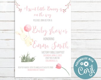 Girl Bunny Baby shower invite Editable baby shower invite Bunny rabbit baby shower invite Digital Baby shower invite printable  invite