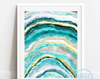 Agate Print, Agate Painting, Agate Wall Art, Geode Wall Art, Agate Slice Print, Mineral Wall Art, Teal Blue Geode Art, gift for her