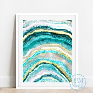 Agate Print, Agate Painting, Agate Wall Art, Geode Wall Art, Agate Slice Print, Mineral Wall Art, Teal Blue Geode Art, gift for her