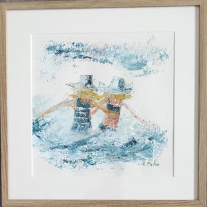 Tableau 40x40cm Dessin d'art acrylique Cape Cod, plage en vert et bleu, peinture sur papier aquarelle.